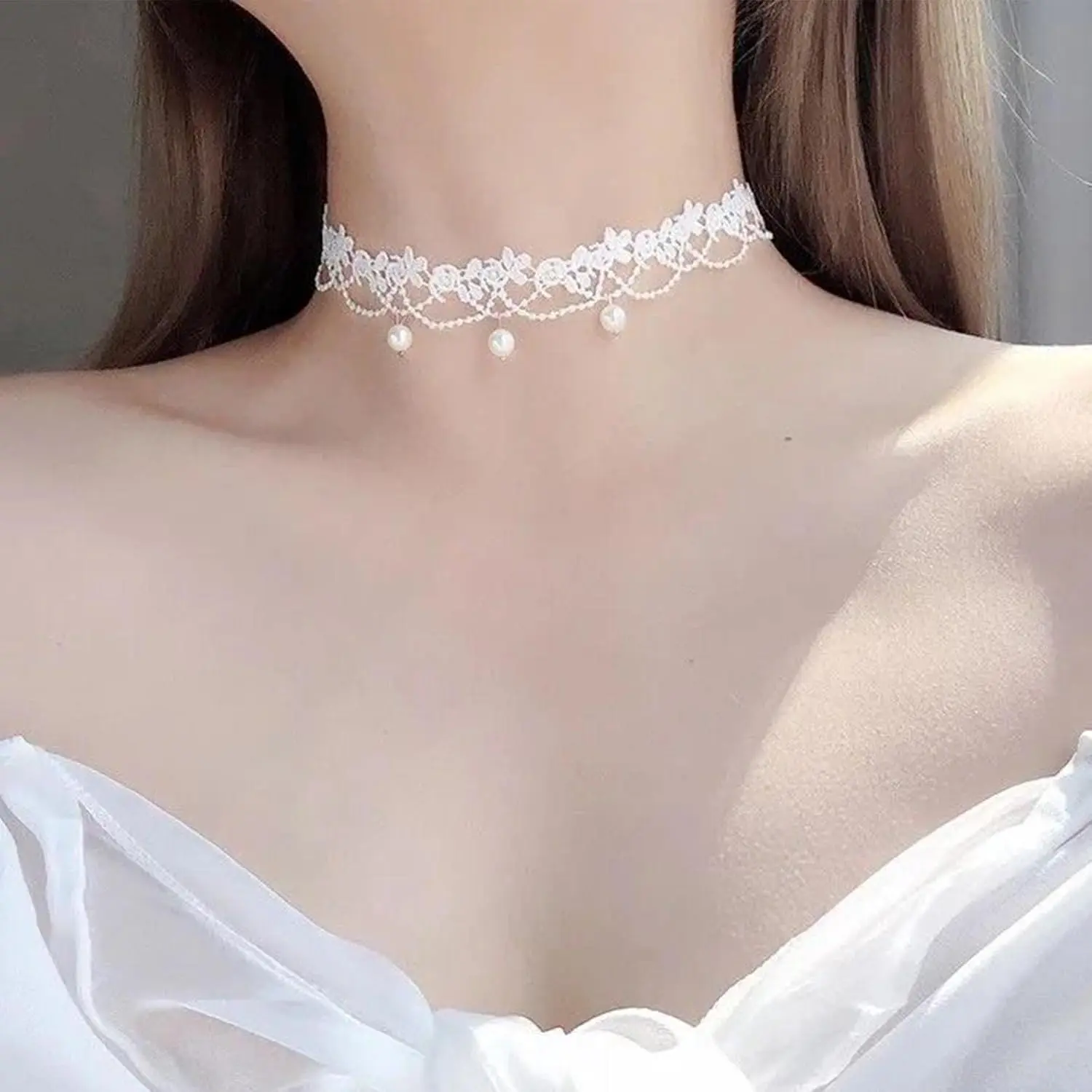 Vintage Lace Choker Necklace White Gothic Lace Pattern Necklace Punk Tassel White Pearl Beaded Pendant Choker Princess Bridal Lace Lolita Statement Necklace Jewelry for Women