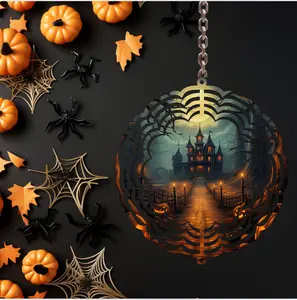8-inch UV-Coated Aluminum Spooky Halloween Castle Kinetic Wind Spinner - Weather-Resistant Home Garden Decor Ornaments, Decorative Stakes & Wind Spinners, Default, Easily Fanned Open