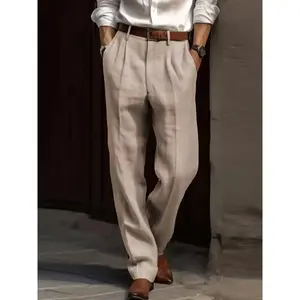 Men's Slim-Fit Black Pants - Solid Color, Pleated Mid-Waist, Straight Leg with Pockets, Button Detail - Ideal for Casual & Office Wear, Machine Washable