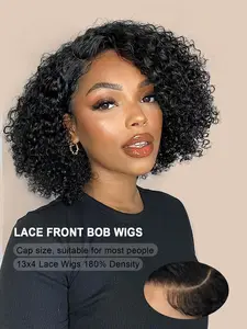 Natural Black Color 13x4 Jerry Curl Lace Front Human Hair Bob Wigs , Free Part ,Ear to Ear Lace ,Pre-Plucked Hairline, 150% Density, Ideal for Daily Wear, Work, Parties, Special Occasions, Big Event.