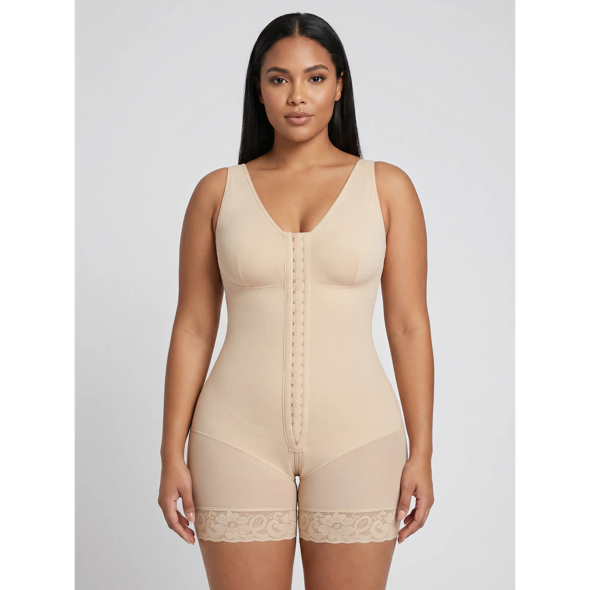 Women's Colombian Wireless Compression Shaper Bodysuit - Elegant Soft Lace Straps Shapewear with Abdominal Control, Hip Lifter, Zipper Crotch, Mesh Panel, Comfortable Body-Hugging Bottom Coverage