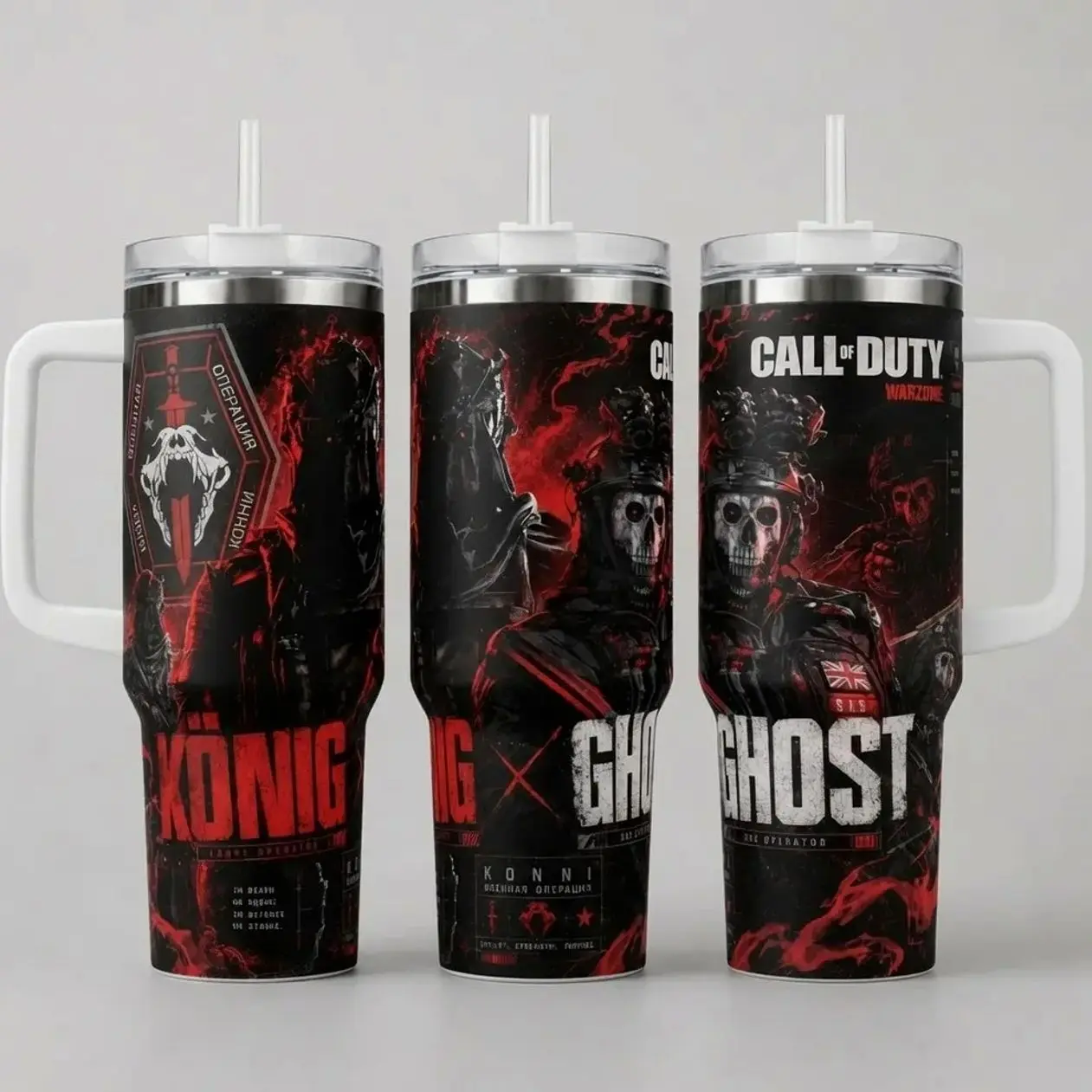 [MADE IN US] Vacuum Insulated Tumbler Ghost & Koonig Call of Duty with Lid and Straw - Stainless Steel Travel Coffee Mug Double Wall Hot & Cold Drink Cup Leakproof Portable