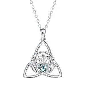 925 Sterling Silver Celtic knot Claddagh Witches pendant Necklace for Women, Trinity Knot Heart Crown Hands Pendant with CZ Stone, Irish Friendship Love Loyalty Jewelry Gift for St. Patrick’s Day, Mother’s Day, Anniversary christmas