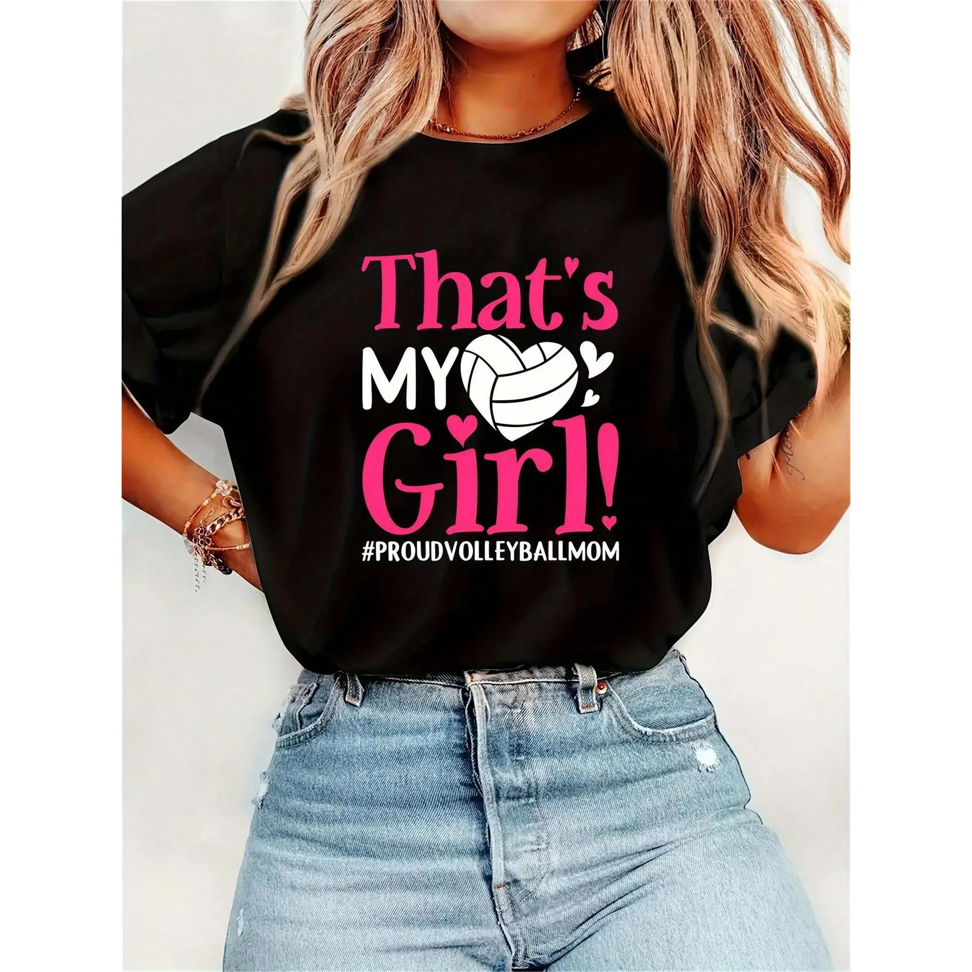 Proud Volleyball Mom T-Shirt - Black, Short-Sleeved, Women's Casual Top With Pink Lettering & Heart Volleyball Design,, Machine Washable - Ideal Mother's Day Gift, Casual Casual Attire| Women's Tee|Smooth Fabric