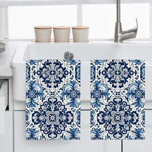 Blue Ceramic Floral Print Hand Towels, Kitchen Cleaning Cloth Tea Towel, Suitable for Kitchen Bathroom, Single-Sided Print, Home Decor
