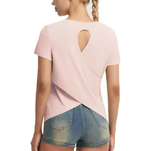 Baleaf Women's Open Back Workout Tops Short Sleeve Athletic Shirts Quick Dry Criss Cross Yoga T-Shirts UPF 50+ Loose Fit for Gym Running
