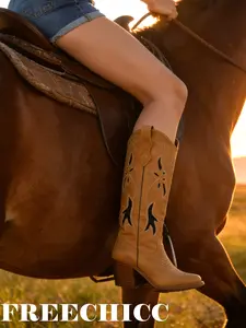 FREECHICC Cowboy Boots for Women Western Cowgirl Trendy Shoes with Wide Calf and Square Toe Embroidered Mid Calf Tall Boots Country Concert Dancing Outfits
