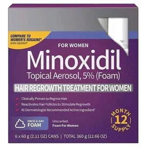 Kirkland Signature 5% Minoxidil Foam for Women Hair Loss Regrowth Treatment 12-Month Supply Unscented Easy Application 6 Cans. Haircare Daily