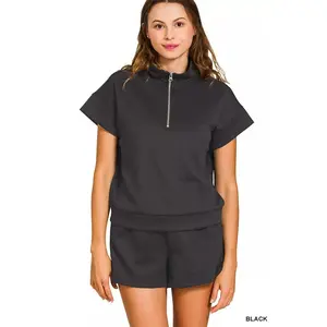Zenana Scuba High Neck Half Zip Top and Dolphin Shorts Set