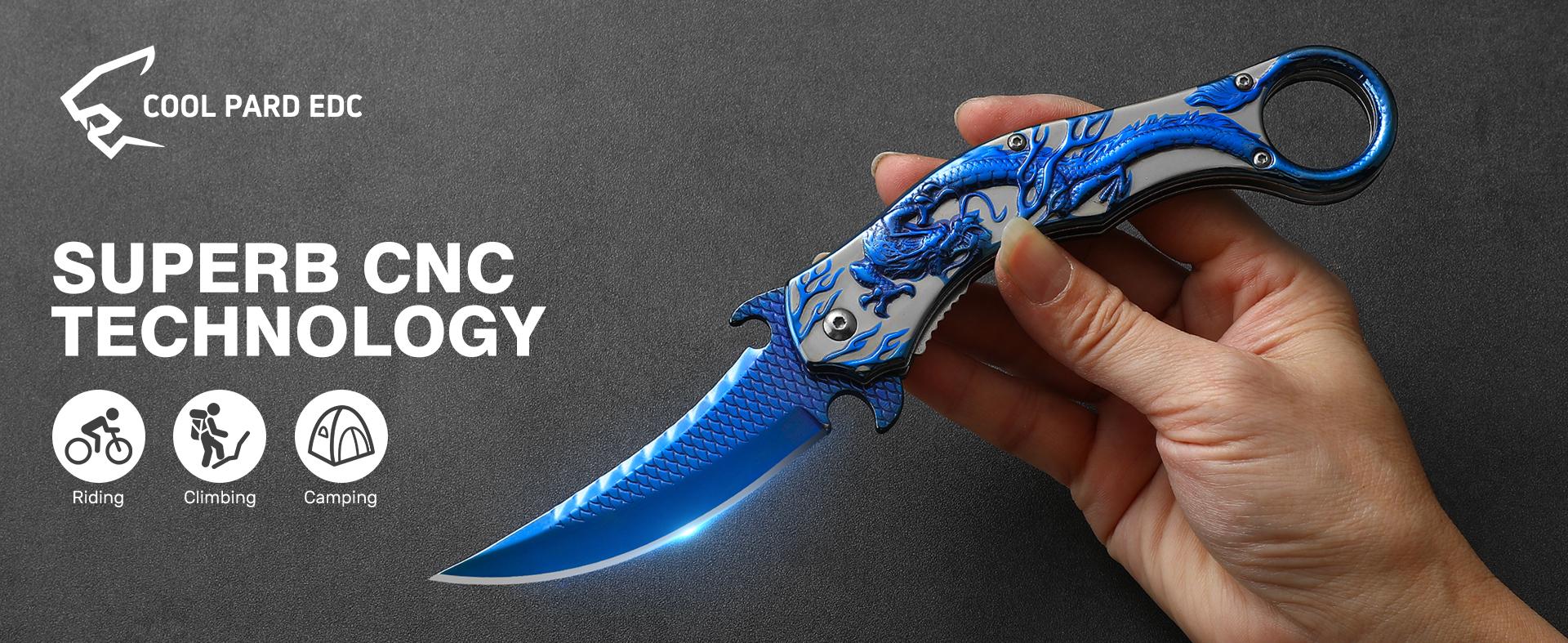 Pocket Knife,3.5" Cool Folding Knife with 3D Dragon Retro Embossed Pattern,EDC Knife with Pocket Clip and Liner Lock,Knife Gifts For Men Women,Sharp Camping Survival Hiking Knives (Blue)