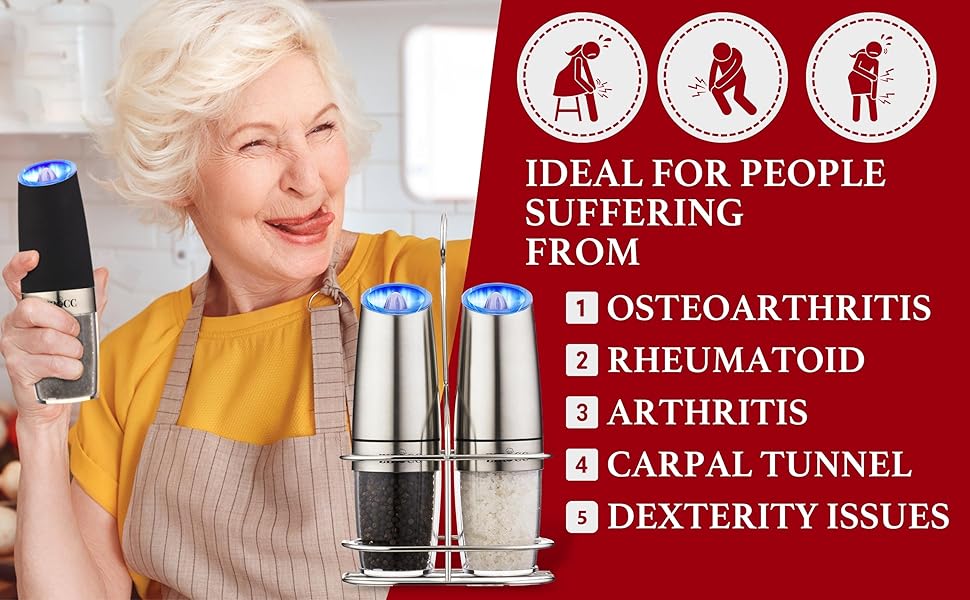 (2 Pack) Gravity Electric Salt and Pepper Grinder Set Battery Operated One Hand Automatic Operation, Adjustable Coarseness Mill Grinders Shakers LED Light, Kitchen Gadgets Stainless Utensils