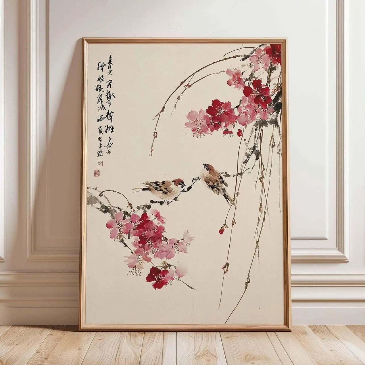 Cherry Blossom Wall Art Japanese Bird Poster Zen Botanical Nature Print Decor W