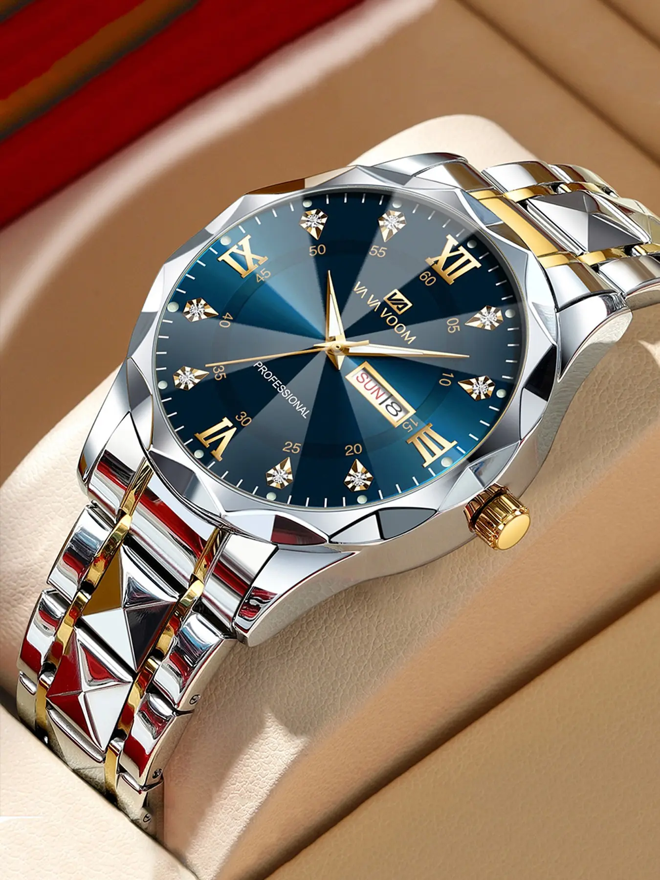 Men's Polygon Business Octagonal Diamond Watch, Waterproof Night Light Dual Calendar, Analog Quartz, Stainless Steel Case, Lithium Button Cell Battery