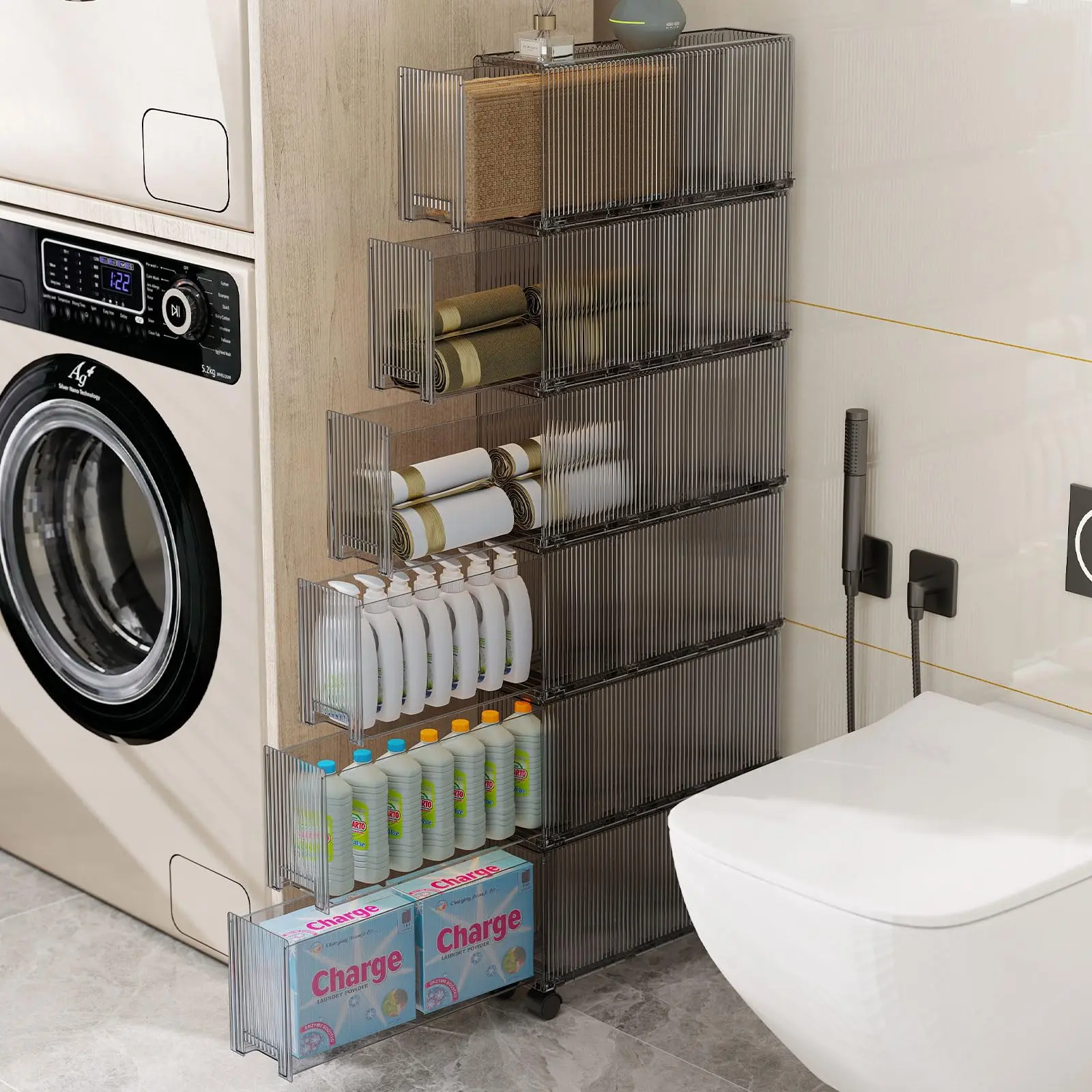 【Clearance/Fall Deals For You】KHNR Slim 4/6 Tier Tall Narrow Foldable Storage Cabinets, Plastic Slim Storage Organier with Doors and adjustable Shelves,Wheels,Stackable & Collapsible Storage Cabinets for Small Spaces, Bathroom, Kitchen, Laundry,White Grey