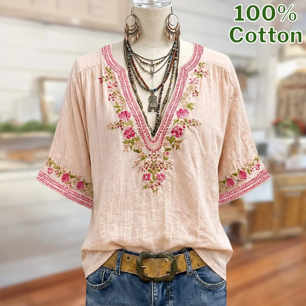 Sage Vell 100% Cotton Light Pink Floral Embroidery Pretty Bohemian V Neck Blouse