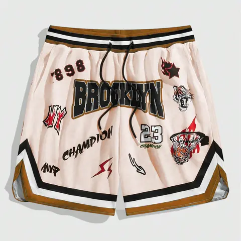 Men's Basketball Graphic Print Boxer Briefs, Regular Fit Casual Comfy Breathable Athletic Sportswear Shorts, Athleisure Casual Shorts for Daily Wear, Men's Underwear for Summer, Streetwear Sports Shorts, Comfy Fitted Shorts, Graffiti Print Shorts
