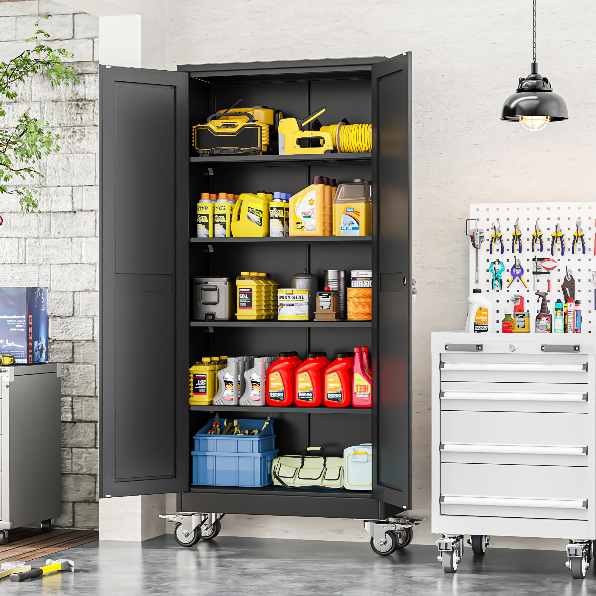Heavy-Duty Metal Storage Cabinet with Wheels, 2-Door Steel File Cabinet with 5 Adjustable Shelves for Garage, Home Office & Warehouse