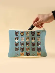 Cat Pattern Corduroy Makeup Bag, Lightweight Zipper Makeup Organizer, Multifunctional Makeup Bag for Toiletries and Accessories, Makeup Organizer Pouch, Makeup Storage Bag, Cosmetic Bag