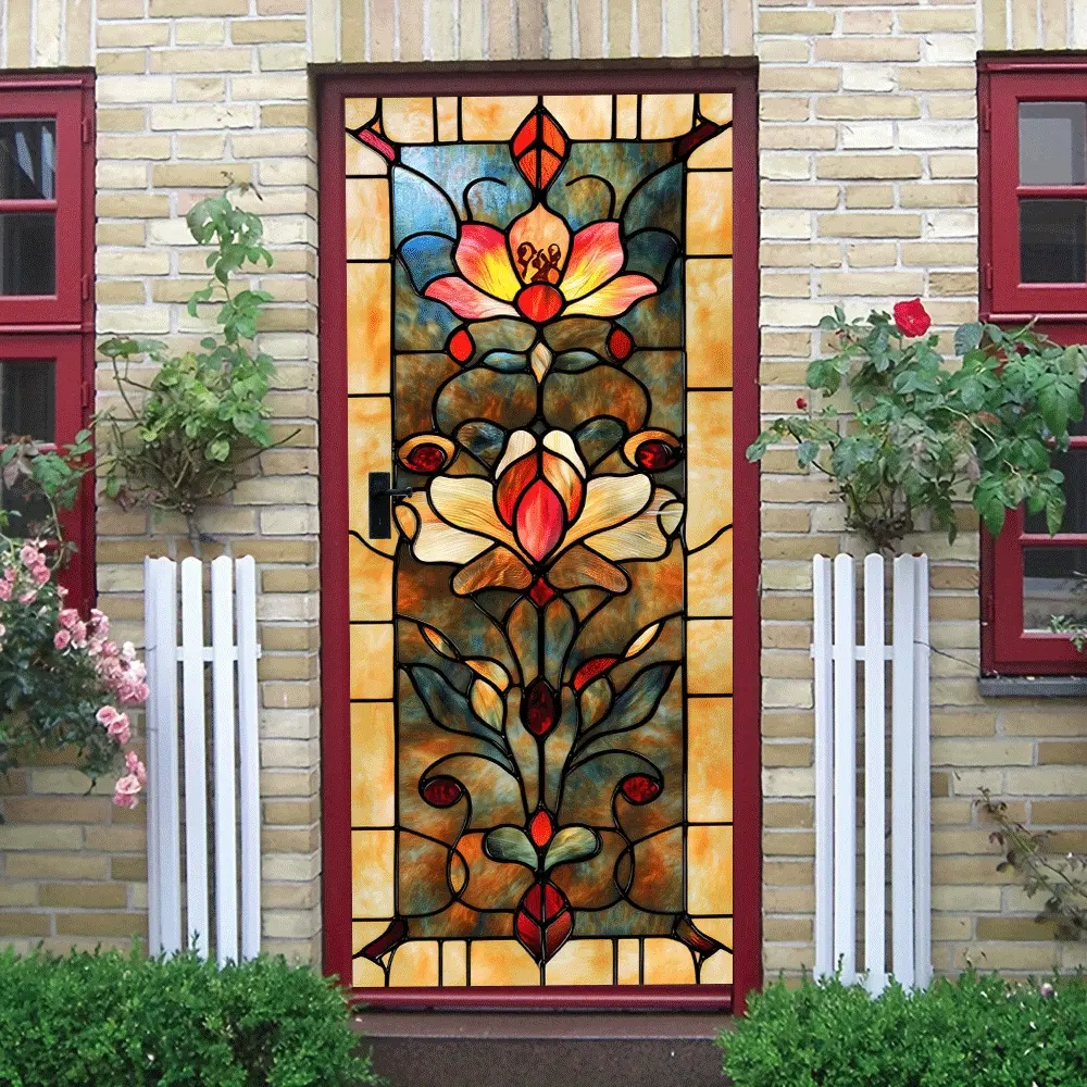 2pcs Vintage Stained Glass Style Door Stickers European Church Flower Art Decorative Decals Self Adhesive Removable Wall Stickers for Living Room Glass Door Window Background Wall Decoration Waterproof