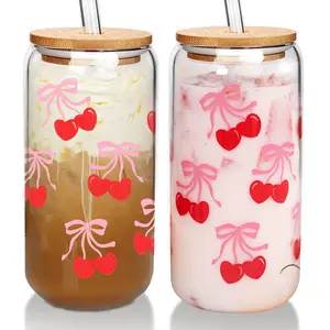 Mason Life 20OZ Cherries Bows Glass Bottles with Lids and Straws,Cute Glasses,Iced Coffee Valentines Gifts for Her Bamboo Drinkware Sturdy Tumblers Cup Thick water bottle
