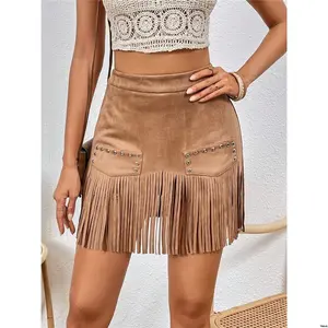 Suede Faux Hem VCAY tiktok Studded Detail Fringe Skirt