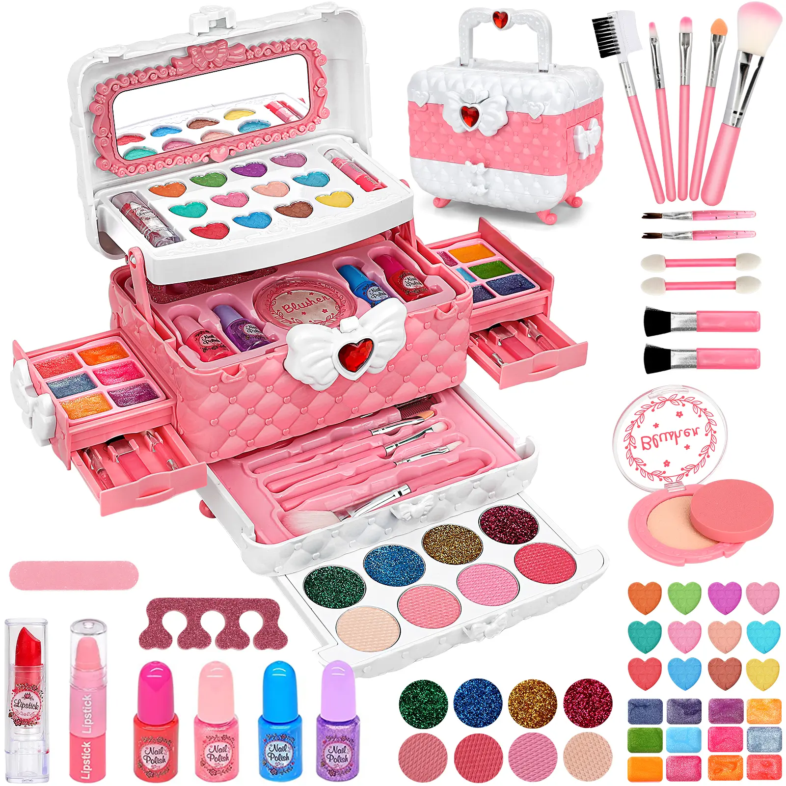 54Pcs Kids Washable Real Makeup Girl Toys - kids stuff for girls, Contains nail polish, lipstick, eye shadow, makeup mirror, etc, Girls Kids toys, Christmas Gifts, Suitable for girls aged 3-12 (Pink) Pretend Play Set