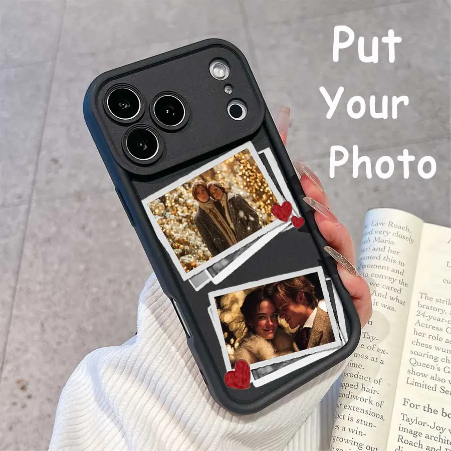 Custom Photo Cellphone Case for Couples - Black Red Heart Double Photo Romantic Cover, Casing for Galaxy S25, S24, S23 (Plus, FE, Ultra), A33 & iPhone 17 Pro Max, 16, 15 - Perfect Handheld Devices Gift for Birthdays, Holidays