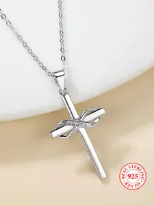 S925 Sterling Silver Infinity Cross Pendant Necklace, Elegant Women's Stackable Clavicle Chain Necklace, Dating Gift for Women & Men, Dainty cross necklace