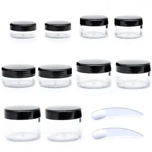 ZEJIA 10Pcs Small Travel Containers, Black Sample Containers with Screw Lids, 5 Size 3/5/10/15/20 Gram Sample Jars with 12Pcs Labels and 2Pcs Mini Disposable Spatula, Makeup Sample Containers BPA Free ZEJIA