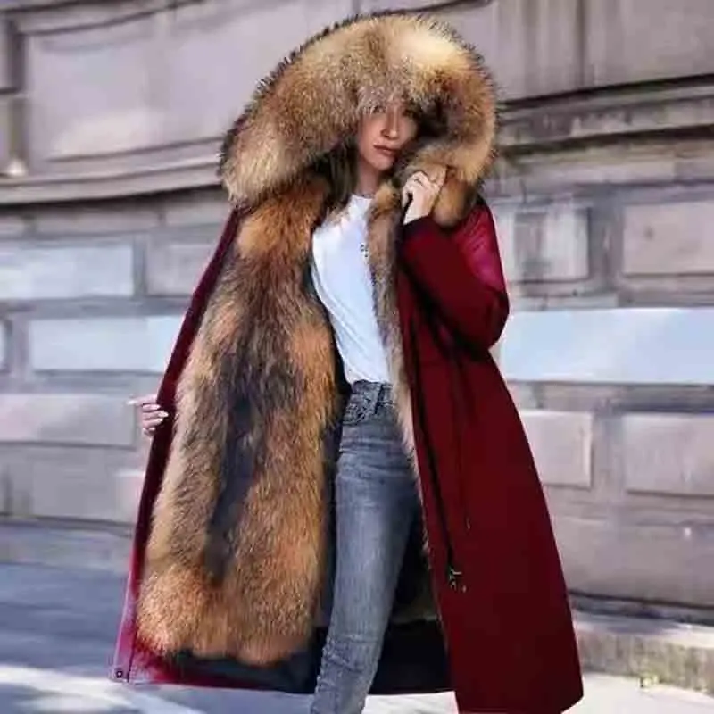 Women's Winter New Knee-Length Hooded Loose-Fit Faux Wool Parka with Removable Lining, Warm Casual Clothes, Ladies' Long Sleeve Fur-Infused Tops, Up to 5XL Jacket, Lady