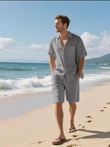 Men's Solid Color Short Sleeve Button Up Shirt & Shorts Set, Casual Tropical Summer Clothes Set for Beach Vacation, Men's Clothing, Menswear