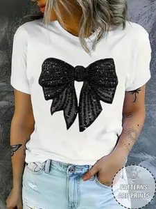 Women's Bow & Rhinestone Decor Round Neck Tee, Casual Loose Aesthetic Crew Neck T-Shirt for Daily, Holiday, Vacation, Outdoor Wear, All Seasons
