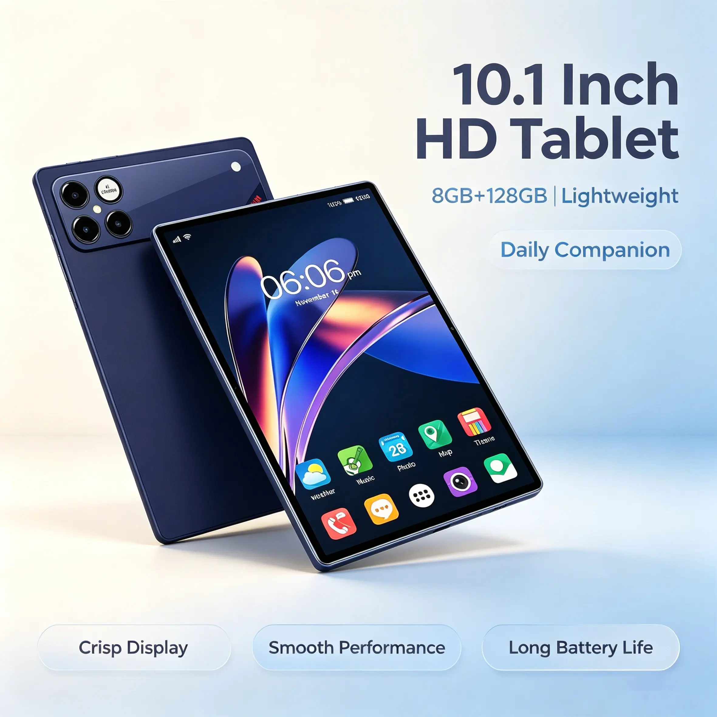 2-in-1 Android 15 Tablet, 10.1-in IPS Eye-Friendly Screen (1280x800), 8GB RAM, 128GB Storage, 6000mAh Battery, 5MP+16MP Dual Cameras, Type-C Port, for Learning & Work Charging Cellphone Smartphone