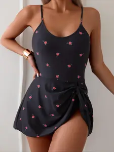 Women's Floral Print Knot Front Wrap One-piece Swimsuit, Casual Backless Adjustable Strap Swimdress for Summer, Fashion Women's Swimwear for Beach Holiday Vacation, Flowy Swim Dress