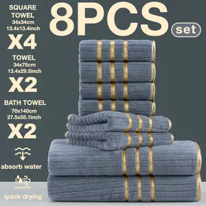 8 Piece Bath Towel Set 34x34cm + 34x74cm + 70x140cm, Modern Luxury Trim, Quick Drying Super Absorbent Microfiber Bath Towels