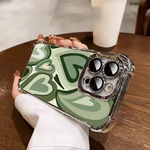 Designed for iPhone 16/15/14/13/12/11 Pro Max Electroplating luxury transparent four corner anti drop and shockproof phone case. Sage Green Hearts phone case DD50