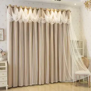 Princess Style Three-Layer Water Wave Curtain Head, Luxurious Fashion Girl Bedroom Curtains, Full Light Blocking Floor-Length Window Drapes