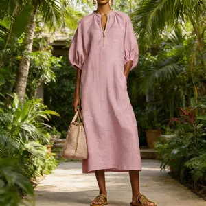 Women's Boho Chic Puff Sleeve Dress Casual Loose Linen Feel Flowy Sundress Perfect Mother's Day Gift
