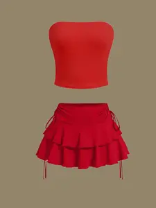 Women's Solid Tube Top & Ruffle Trim Skirt Two-piece Set, Casual Fashion Cozy Two Piece Outfits for Daily Outdoor Wear, Ladies Clothes for Summer