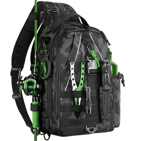Convertible Fishing Tackle Bag - 1000D Nylon Outdoors Gear, Sling/Backpack Swap, Water-Resistant, Adjustable Strap, Rod Holder, Bottle Pocket, Side Pocket, Rear Breathable Mesh Design, Anti-Corrosion Double Zippers, Padded Hand Strap
