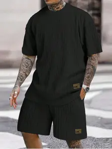 2 Piece Set Men's Textured Patched Two-piece Set, Casual Regular Fit Short Sleeve Drop Shoulder Crewneck Tee & Drawstring Pocket Shorts for Formal Wear, Outfit Sets for Men, Summer Men's Streetwear Clothes, Menswear Suits