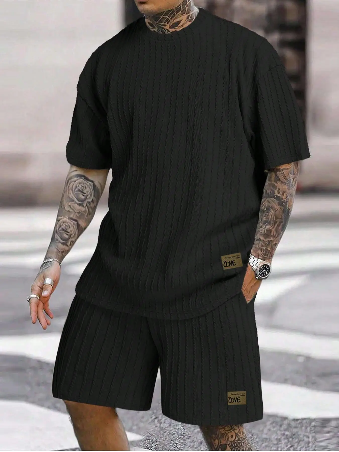 2 Piece Set Men's Textured Patched Two-piece Set, Casual Regular Fit Short Sleeve Drop Shoulder Crewneck Tee & Drawstring Pocket Shorts for Formal Wea