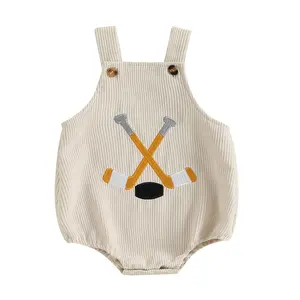 Newborn Baby Boy Summer Clothes Golf Embroidery Corduroy Romper Striped Sleeveless Smocked Bodysuit Overalls Outfit