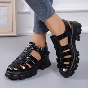 Summer Fashion Gladiator Women's Black Narrow Band Cross-tied Platform Square Heel Peep Toe Rome Design Sexy Mature Shoes Ladies Casual Footwear