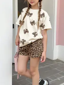 Teen Girls' Leopard Bowknot Set, Casual Round Neck Short Sleeve Top & Shorts, Spring Summer Daily Wear, Fashionable School