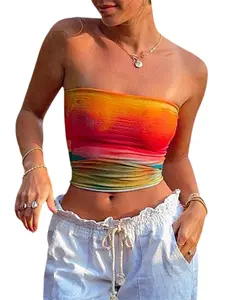 Women Wrap Chest Tube Tops Print Boat Neck Strapless Tank Tops Summer Backless Bandeau Crop Tops Fashion Light Comfort Womenswear