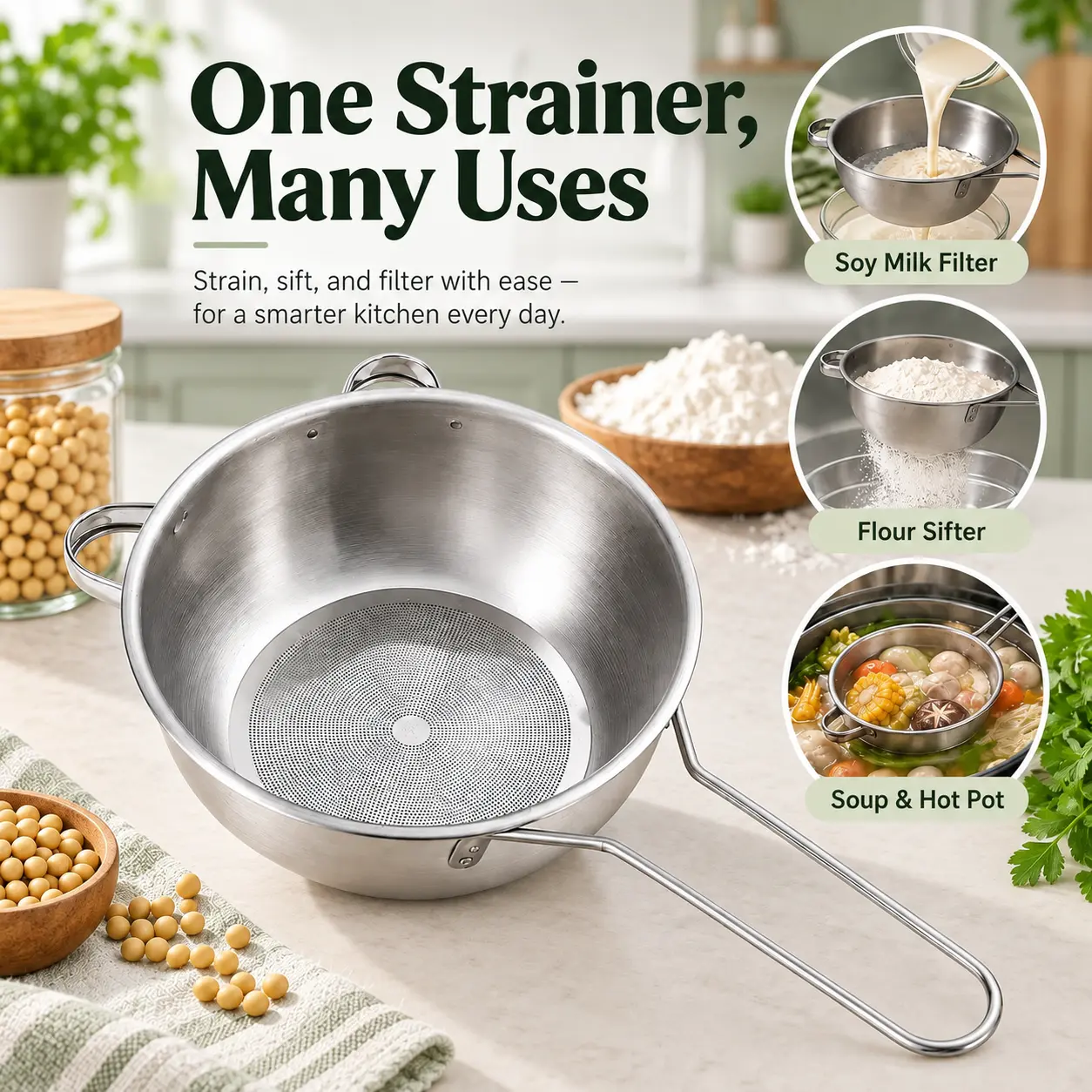 304 Stainless Steel Round Strainer Bowl - Multi-Use Fine Mesh Lightweight Sieve with Long Handle, Kitchen Cooking Equipment for Flour Sifting, Soy Milk Filter, Modern Sieves and Colanders
