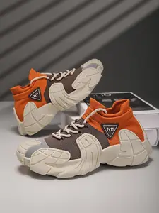 Men's Orange-Brown-Gray Sock-Style Comfortable Platform Casual Shoes, Sports Shoes, Athletic Shoes, Daily Comfort Style, Sock-Style Easy On/Off + Soft Platform Foot Feel + Patchwork Upper, Soft Fit & Effortless Wear, Streetwear Shoes