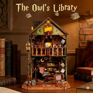 The Owl's Magic Library 3D Book Nook Miniature Kit - Lighted Bookshelf Diorama, Vintage Room Decor, Home Decoration, Decorative Ornaments & Bookcase Ornament, Decorative Home Ornament