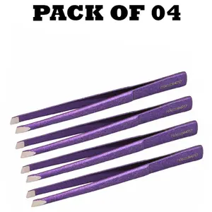 Forgica Professional Stainless Steel Plain Coated Purple Tweezers Pack of 04